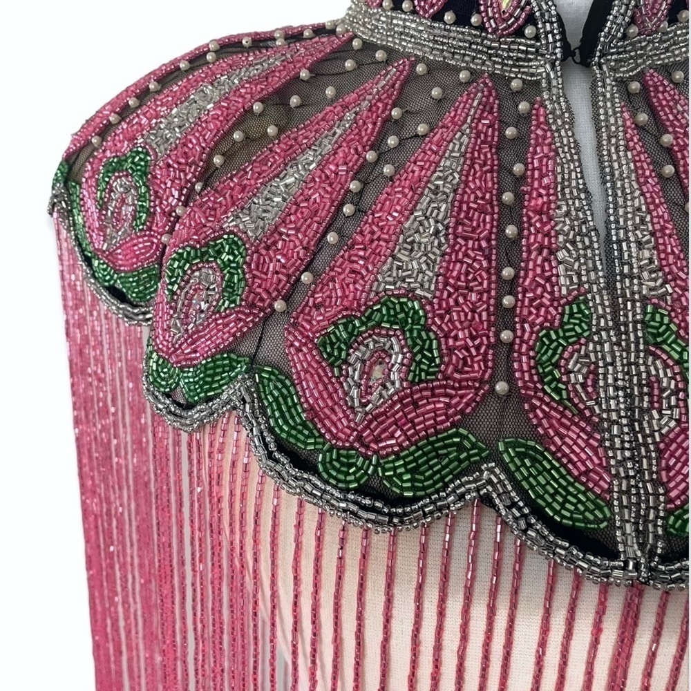 Pink Green and Pearls Hand beaded fringe Cape - Picture 4 of 7